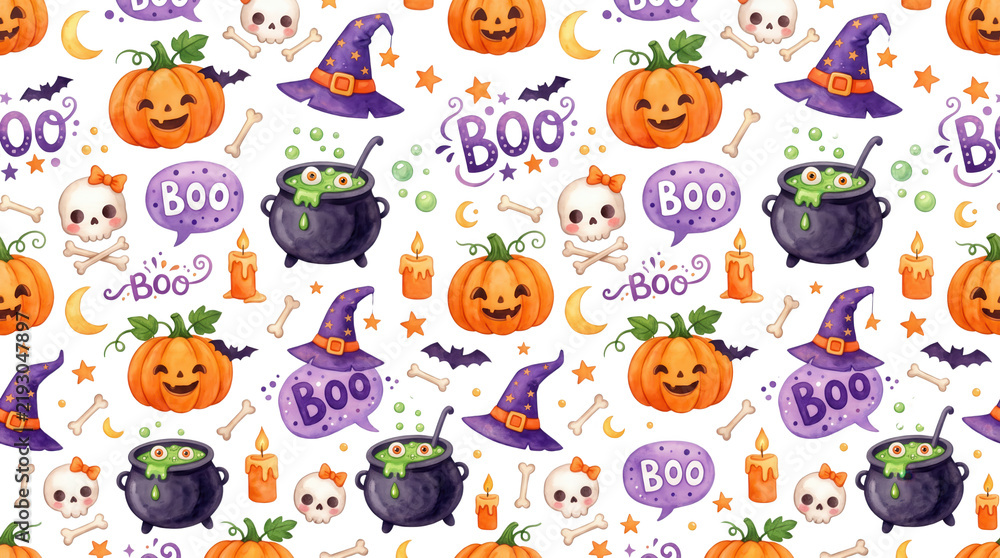 Fototapeta premium Watercolor Halloween seamless pattern with jack o lantern pumpkins witch hats magic cauldrons skulls bones candles bats moons and boo text elements repeated endlessly spooky
