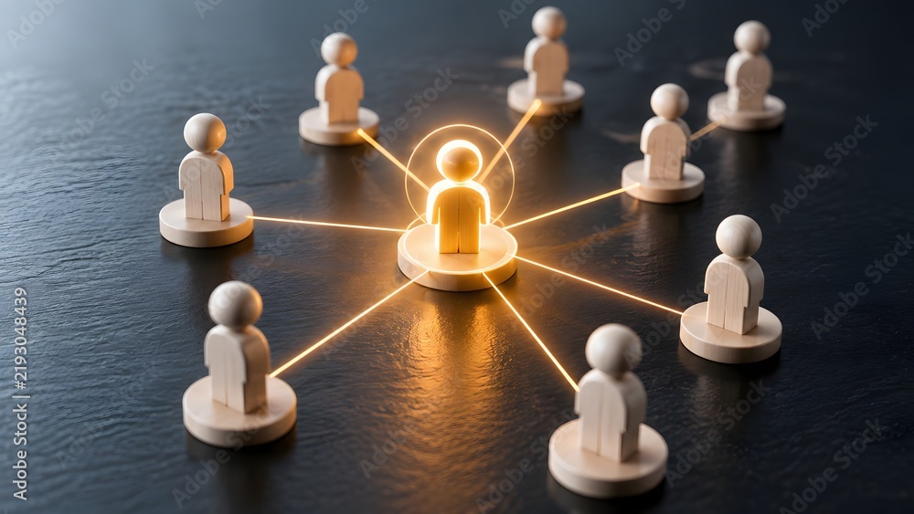 Obraz premium Glowing wooden figure at the center of a network connecting to other figures representing leadership and recruitment strategy