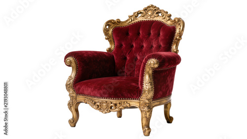 Fotografie Ornate red velvet armchair with carved gold gilded frame, isolated on transparen