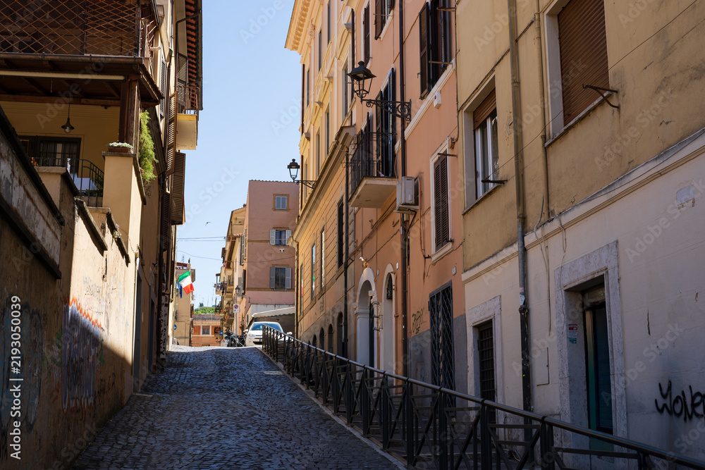 Fototapeta premium Frascati cobblestone lane with balconies and Italian flag