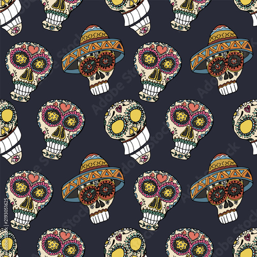 Day of the Dead hand drawn seamless pattern with sugar skulls on black background