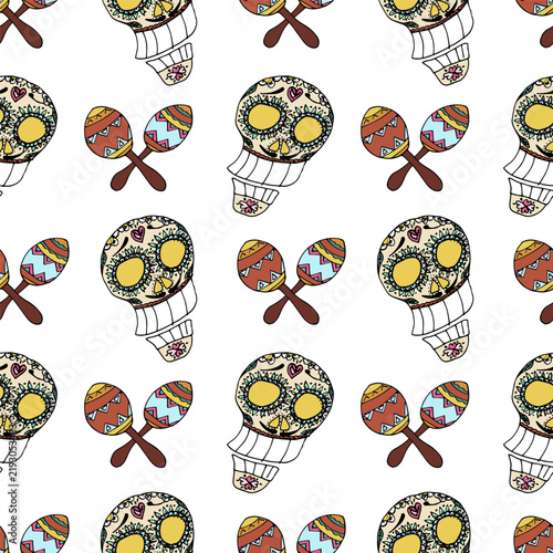 Day of the Dead hand drawn seamless pattern with sugar skulls