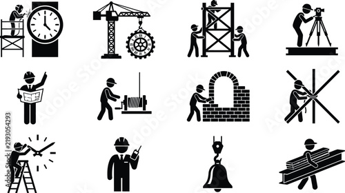 Construction Worker and Masonry Icons Set, Builder, Scaffolding, Bricklaying, Surveyor, Crane Lifting, Clock Maintenance, and Structural Labor Silhouettes Vector