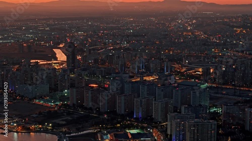 High Angle Aerial View of Izmir Cityscape with Night Lights at Sunset Dusk Turkey