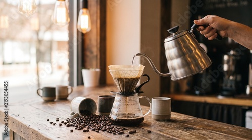 Barista pouring hot water from gooseneck kettle brewing pour over filter coffee