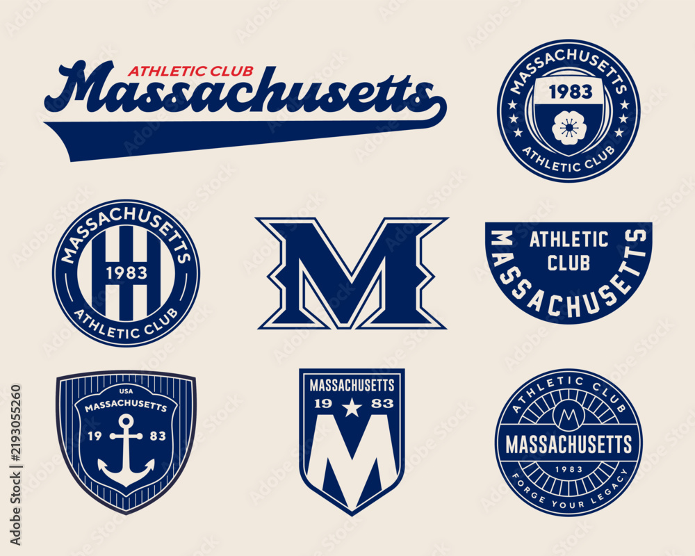 Fototapeta premium Sport sticker Pack. Collection of trendy pins. Set of cool patches vector design. Massachusetts retro sport badges.