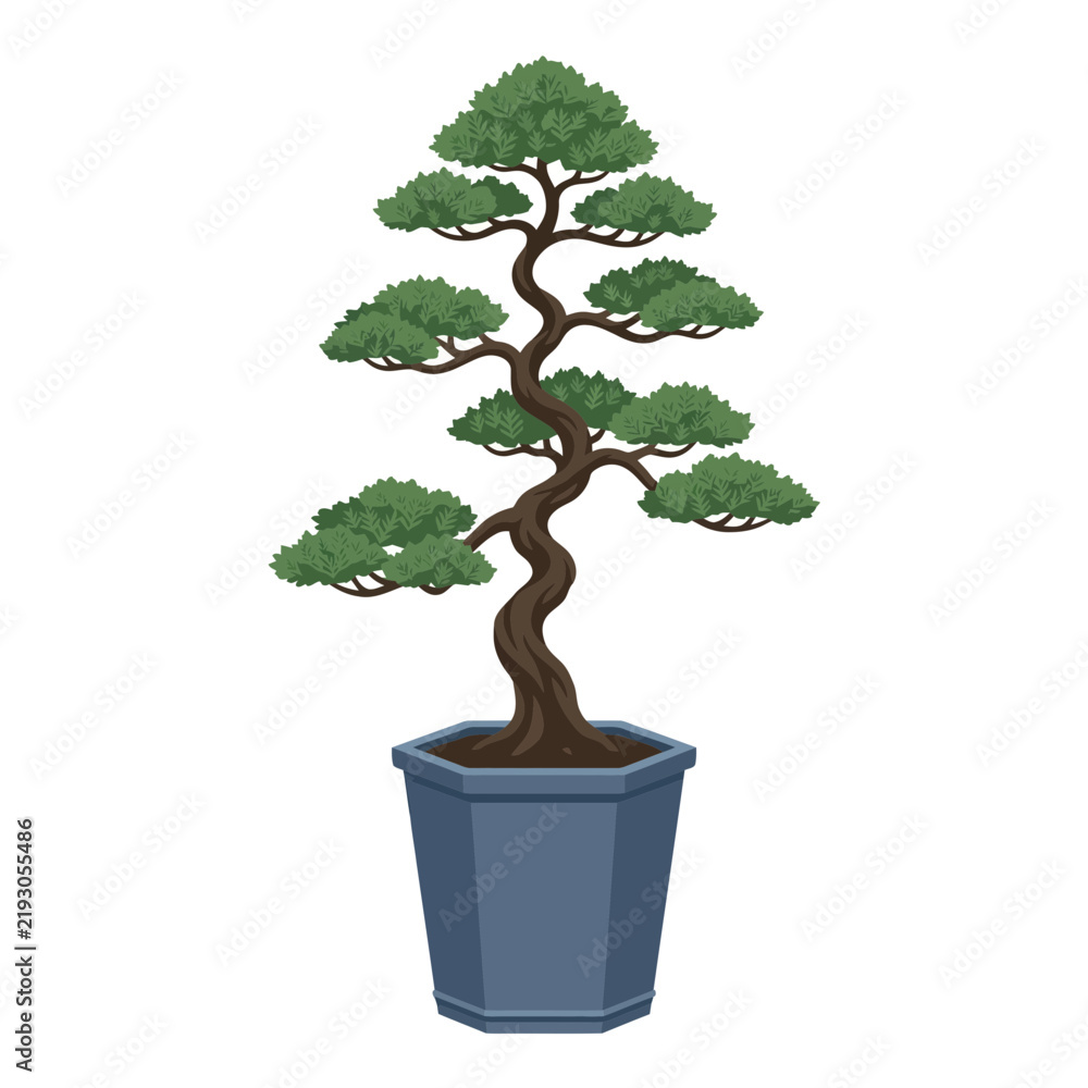 Obraz premium Miniature Green Bonsai Tree in Blue Hexagonal Ceramic Pot Vector Illustration