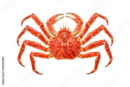 фотографія Red king crab viewed from above, whole spiny crustacean with extended legs and claws isolated on a clean white background