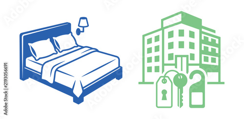 Two flat of a double bed with a wall lamp and a hotel building with a key and door hanger tag on a white background