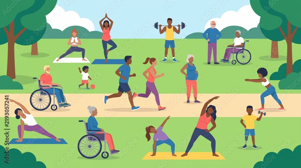 Naklejka premium Diverse Group of People Exercising Outdoors in a Park Setting.