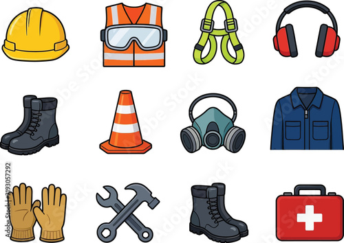 Work personal protective equipment and clothing icon set vector. Occupational safety and health icon set isolated vector. Industrial work wear and tools vector.