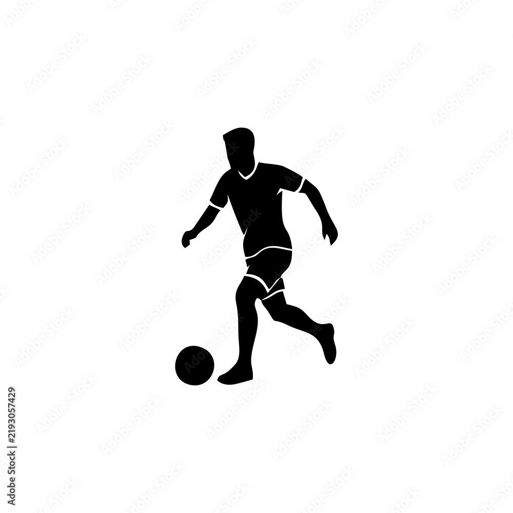 Fototapeta premium Black silhouette of a soccer player running with a ball isolated on white background.