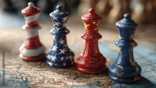 Four queen chess pieces, symbolizing international relations, positioned on a world map