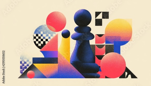Abstract artwork with a dark blue pawn, geometric shapes, and color gradients on a light beige backdrop