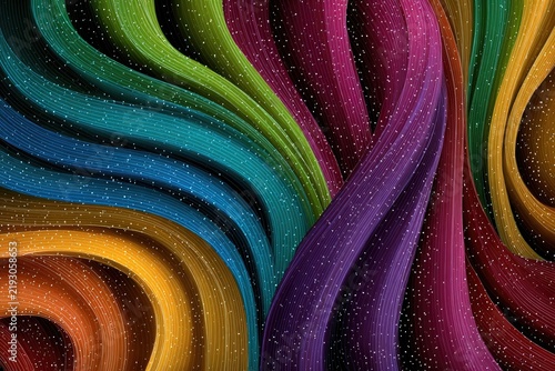 Abstract artwork featuring vibrant, curved, and striped waves of color with scattered light particles