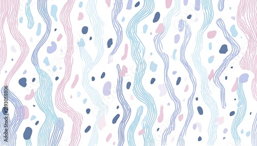 Abstract artwork with wavy lines and speckled shapes in pastel hues on a white background