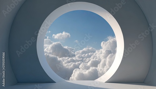 Modern interior, circular window, sky view