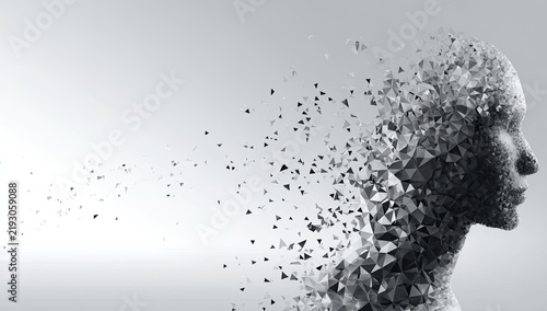 A grayscale profile of a dissolving digital human head