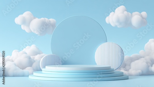 Pastel blue podium with fluffy clouds (1)