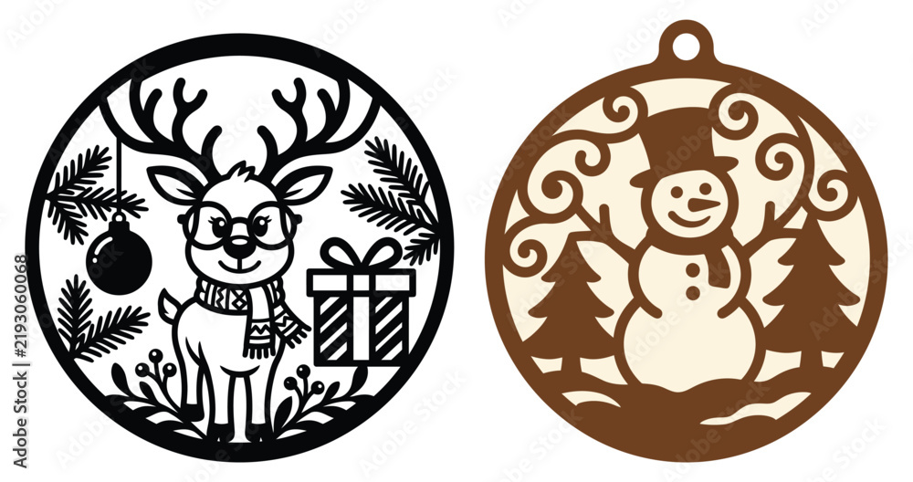 Fototapeta premium A pair of festive laser cut designs featuring a christmas door hanger ornament with reindeer and snowman patterns for holiday decor