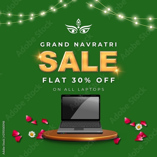  Grand Navratri Sale Banner Design with Flowers, Kalash, and Laptop Promo Template