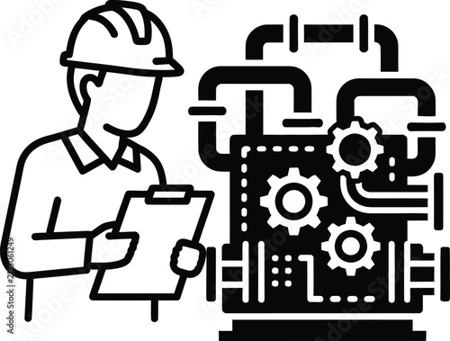 Engineer checking machine with clipboard icon
