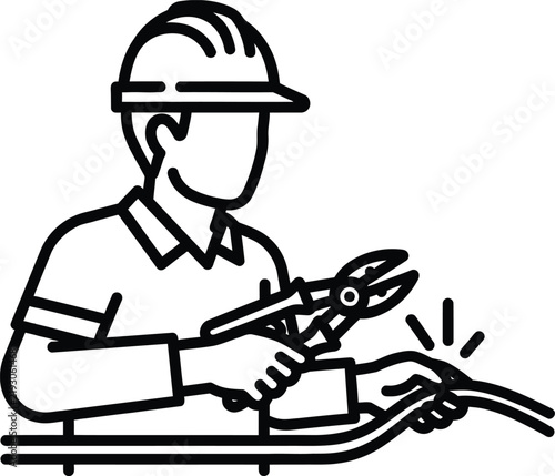 Electrician wearing a hard hat cutting an electrical wire with pliers icon
