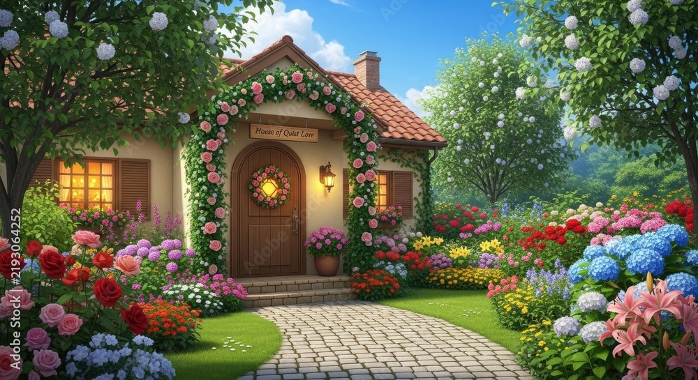 Fototapeta premium Charming stone cottage surrounded by colorful blooming flower garden.