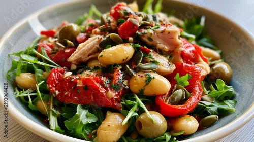An appetizing salad with tuna, arugula, olives, sun‑dried tomatoes, potatoes, and pumpkin seeds.