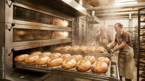 Bakers removing fresh bread from industrial oven in bakery