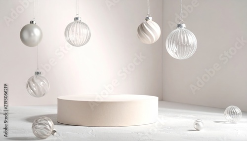 Round display pedestal with textured white and glass ornaments.