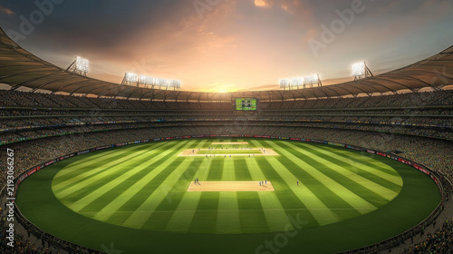 A packed stadium awaits an evening game on a lush green field.  It's a 3D image of a sporting event.