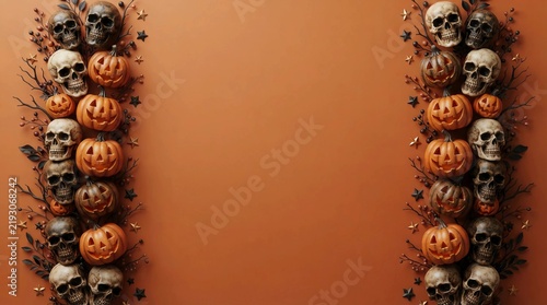 Halloween frame with carved pumpkins and skulls on an orange background