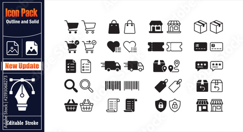 Shopping solid outline icons pack with shopping cart, bag, store, package, delivery, payment, barcode, price tag. Minimalist update icon pack