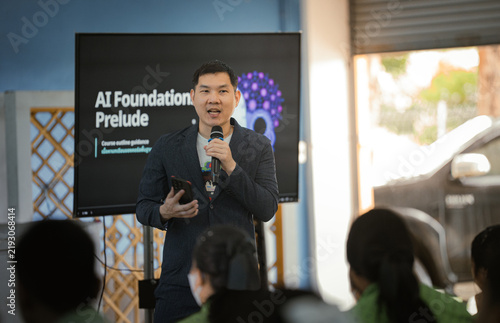 Konstfotografi Businessman, microphone and talking at ai conference for governance, ethics and rules