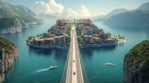 A picture shows two bridges over water going to a modern city built on an island.