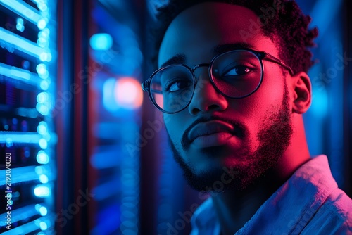 Young african american man wearing glasses working inside server room with blue and red neon lighting