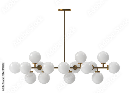 Modern brass chandelier with multiple white globe lights on a white background