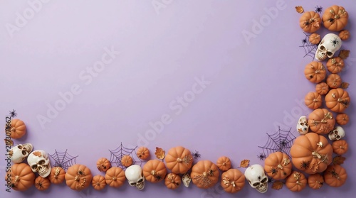 Halloween flat lay with pumpkins and skulls on a purple background