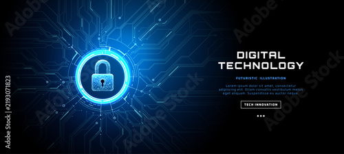 Digital padlock icon glowing on futuristic circuit board with cyber security elements and blue tech network background. Cover or backdrop for web banner. Technology futuristic vector illustration.