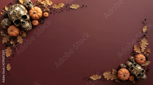 Halloween flat lay with decorative skulls and pumpkins on dark background