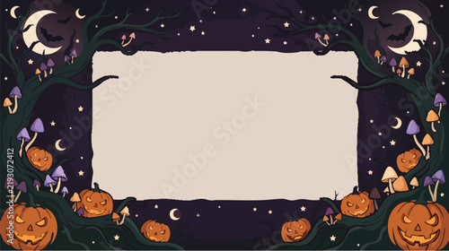 Spooky Halloween forest frame template, landscape horizontal format, twisted tree branches extending inward from the left and right edges, pumpkins, bats, mushrooms, spider webs