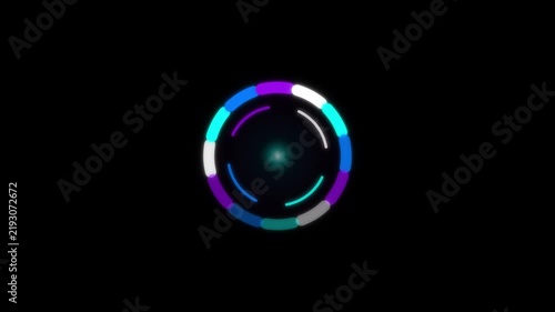 An abstract digital loading circle spins continuously with colorful glowing segments and concentric rings on a dark background.