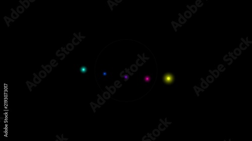 Abstract video showing multiple glowing colored lights pulsing, changing size, and shifting position horizontally across a dark background.