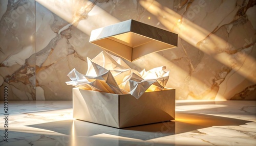 Glowing gift box with lid ajar in sunbeams