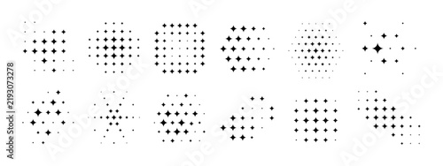 Set of star patterns with halftone effect isolated on white background. Collection of different shapes with faded sparkles print. Abstract starry design elements. Vector graphic illustration.