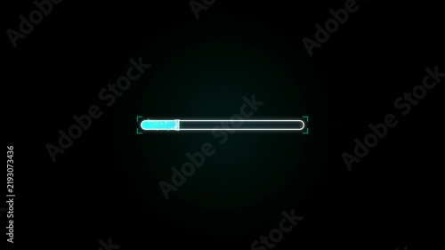 A neon blue progress loading bar animation filling up against a dark background, featuring glowing light particles and futuristic interface design.