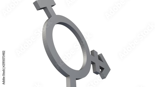 A metallic silver 3D transgender pride symbol rotates smoothly around its Z-axis with subtle lighting reflections against a clean white background.