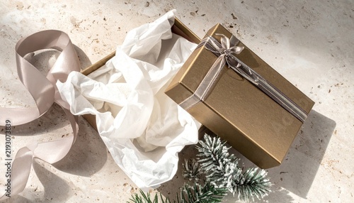 Luxury gift box with silver ribbon and tissue paper.