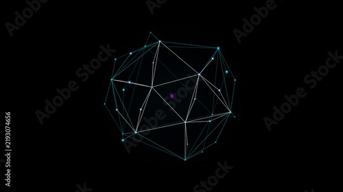 An abstract 3D geometric wireframe sphere with glowing nodes and lines rotates continuously against a dark black background.